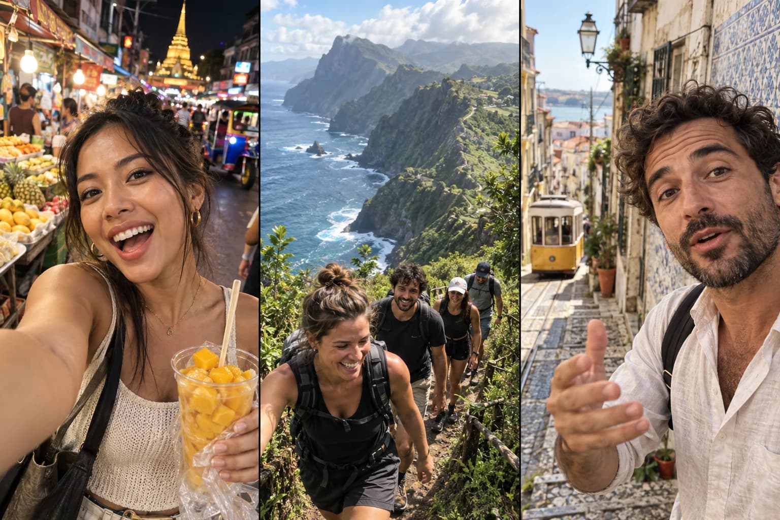 Travel creator content: a street-food visit, a group hike, and a local walking tour